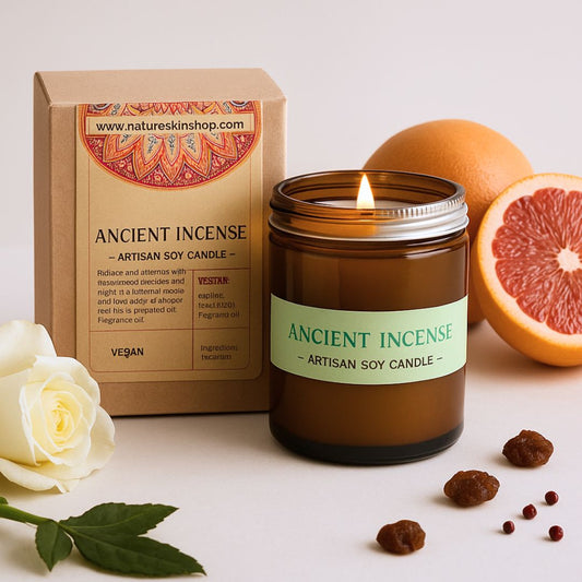 Ancient Incense candle with packaging, grapefruit, rose, and raisins on a light background