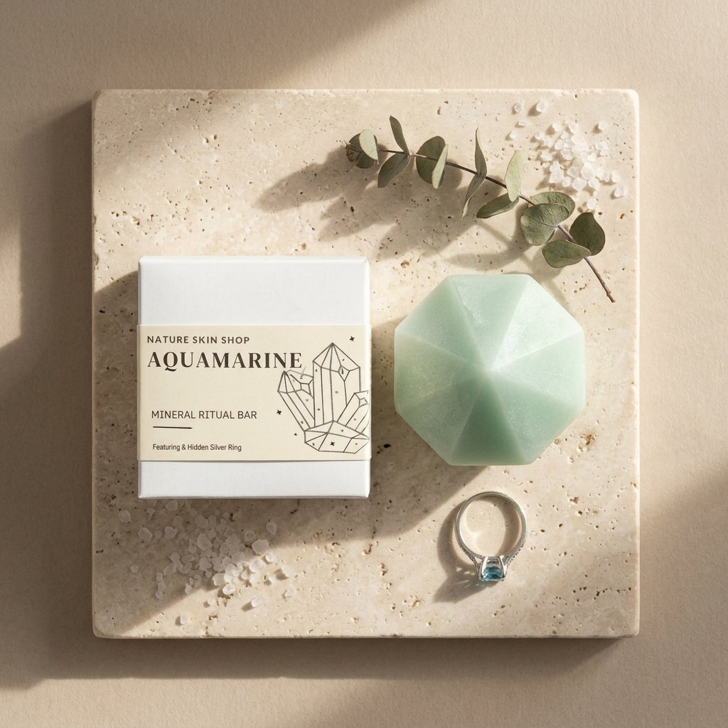 Aquamarine mineral ritual bar with a crystal on a stone surface
