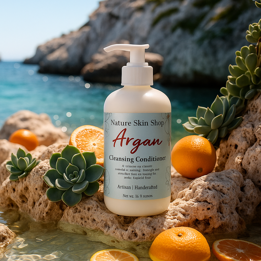 Nature Skin Shop Argan Cleansing Conditioner bottle with oranges and succulents on a rocky beach.