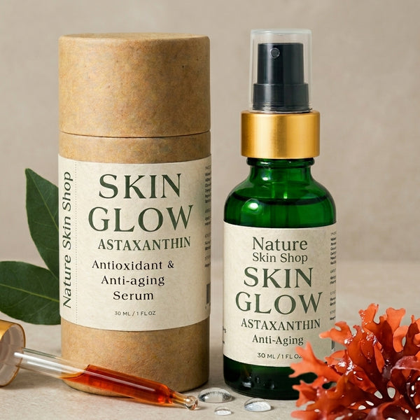 Two skincare products from Nature Skin Shop on a neutral background with leaves.