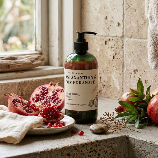 A pump bottle of Nature's Skin Drop Mastaxanthin & Pomegranate Claster Ritual Cream stands on a stone countertop beside pomegranate halves, a cloth, and greenery in a kitchen-like setting.
