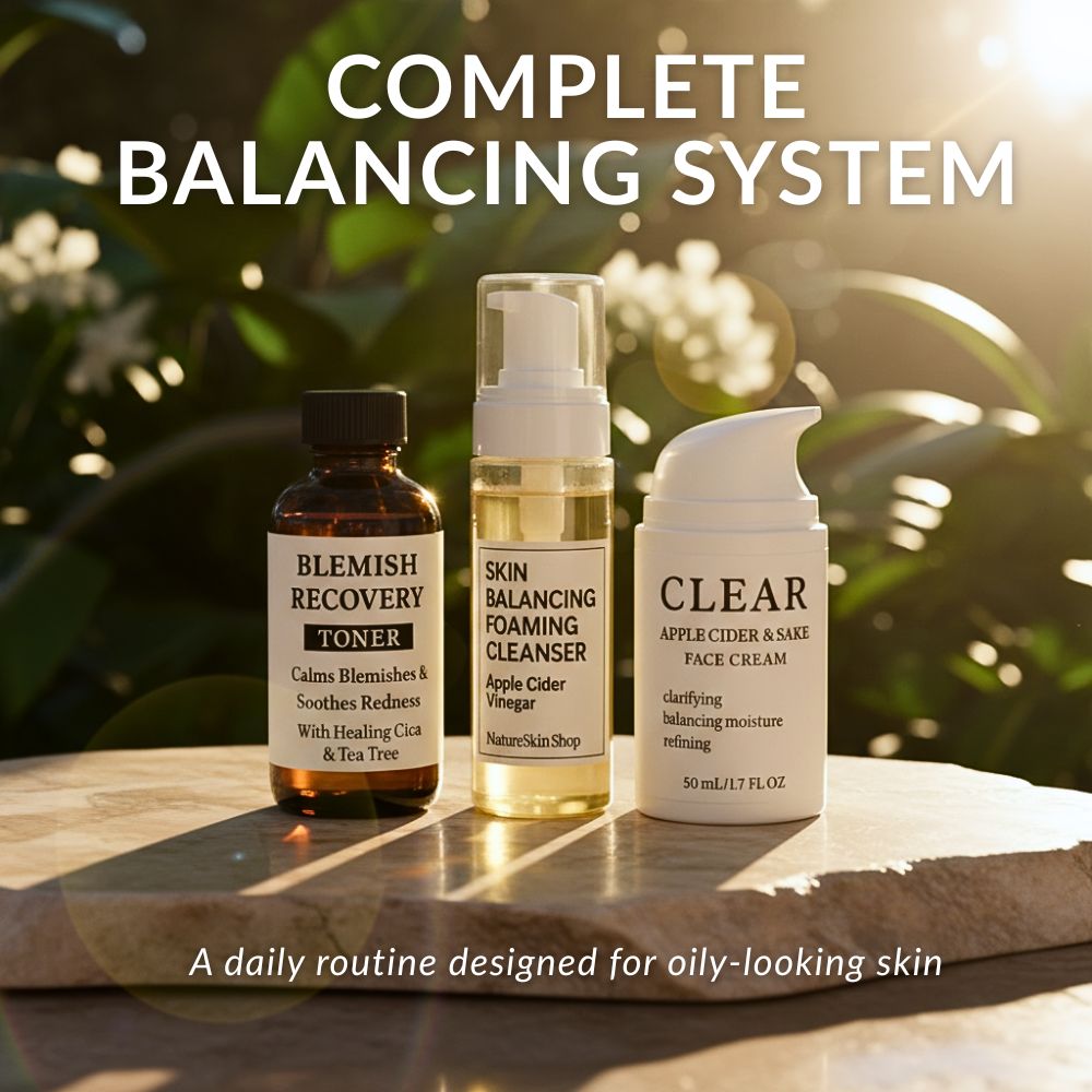 Three skincare products on a wooden surface with a natural background