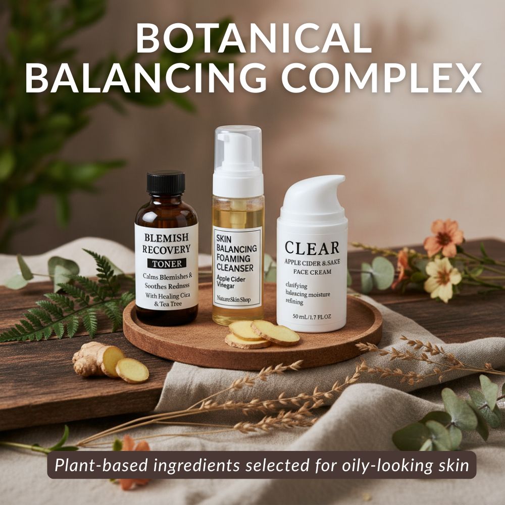 Skincare products on a wooden tray with text 'Botanical Balancing Complex' and 'Plant-based ingredients selected for oily-looking skin'.