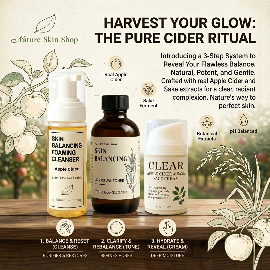 Three skincare products from Nature Skin Shop are displayed on a wooden surface with illustrative botanical graphics and text overlays. The products are: Skin Balancing Foaming Cleanser (apple cider), Skin Balancing Acid Ritual Toner (fermented), and Clear Apple Cider & Asia Face Cream.