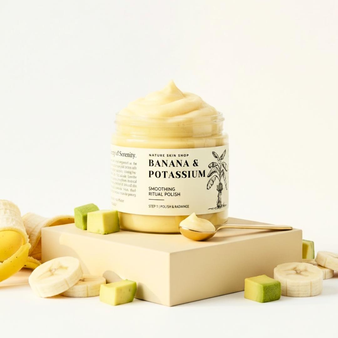 Jar of 'Banana & Potassium' scrub with banana slices and a wooden block on a white background
