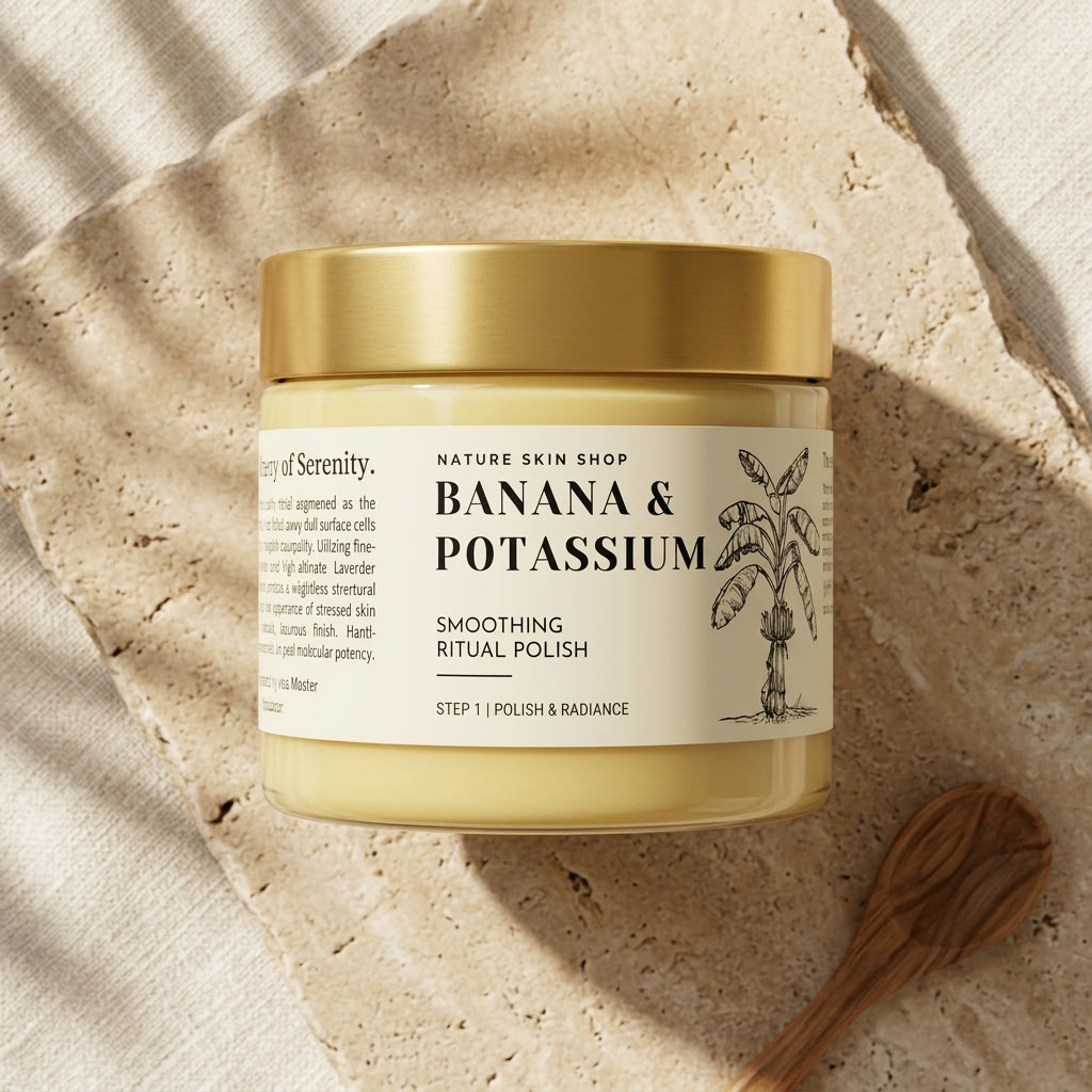 Jar of 'Banana & Potassium' smoothing ritual polish from Nature Skin Shop on a textured beige background.