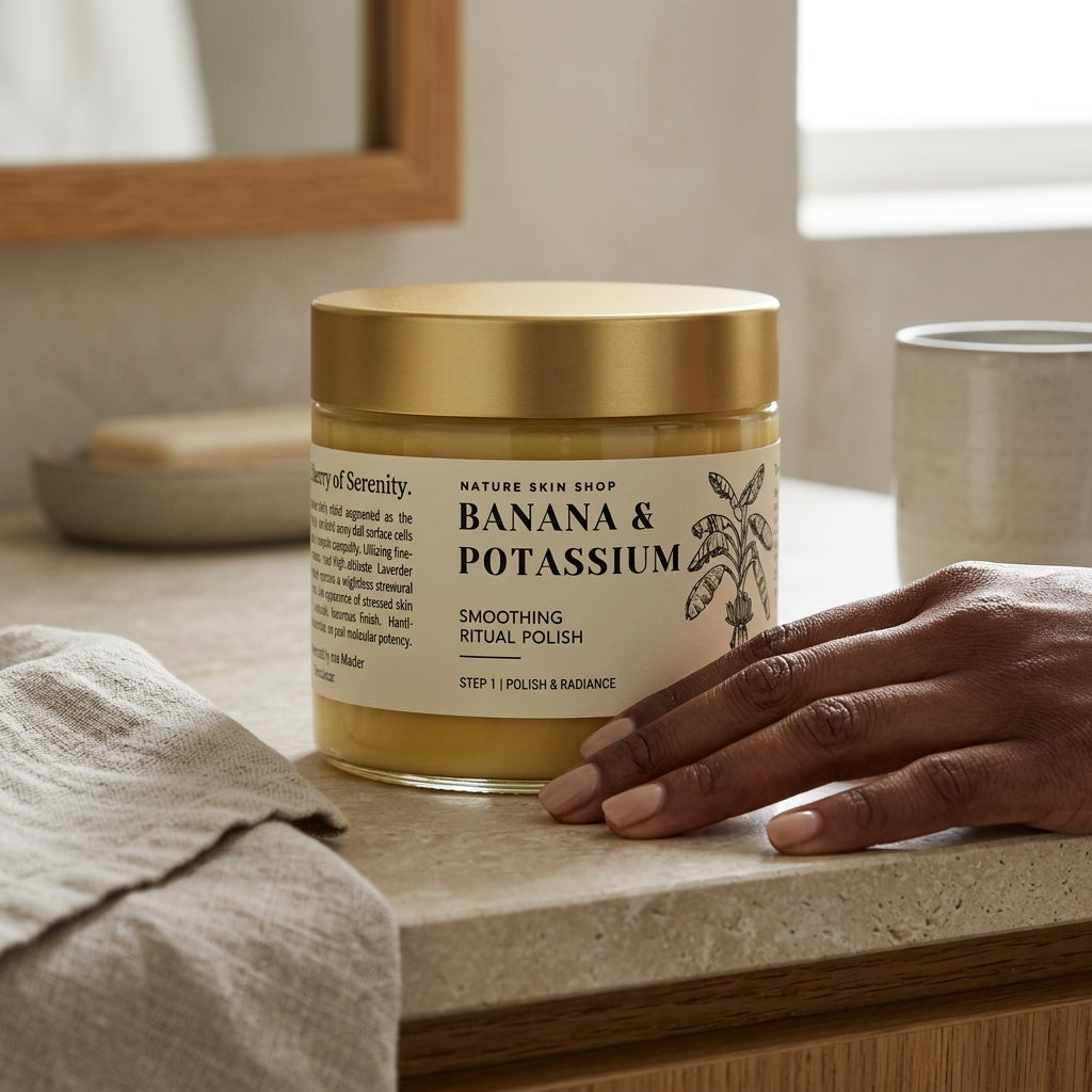 Jar of 'Banana & Potassium' polish on a bathroom counter with a hand reaching towards it.