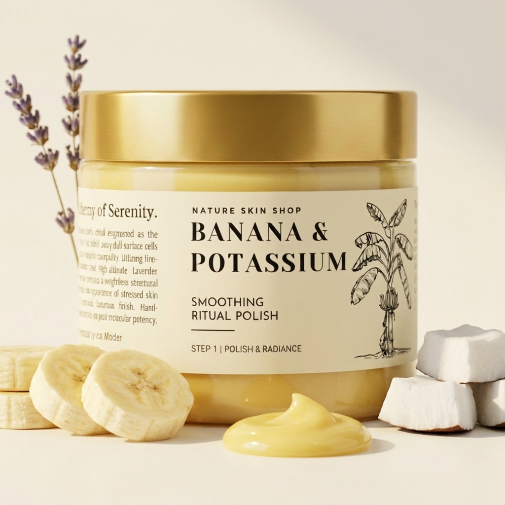 Jar of 'Banana & Potassium' smoothing ritual polish from Nature Skin Shop on a light background with banana slices and coconut pieces.