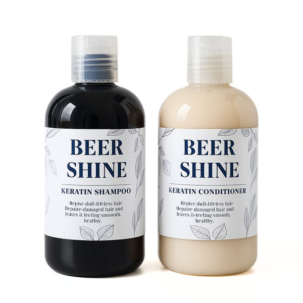 Two bottles of Beer Shine Keratin Shampoo and Conditioner on a white background
