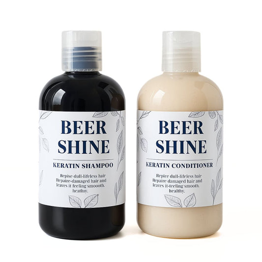 Two bottles of Beer Shine Keratin Shampoo and Conditioner on a white background