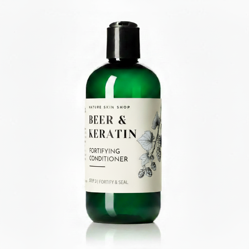 Green bottle of 'Beer & Keratin' fortifying conditioner on a white background