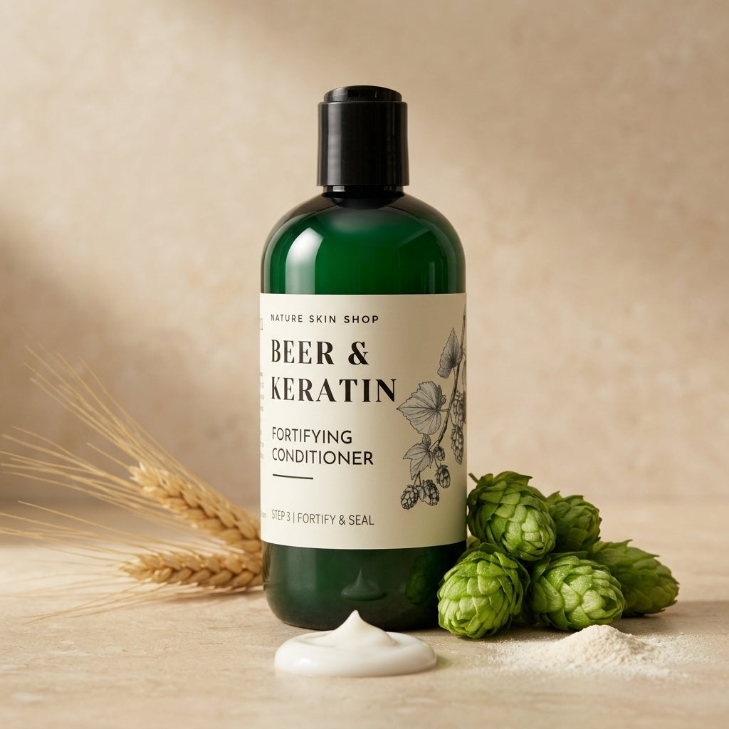 Green conditioner bottle labeled 'Beer & Keratin' with hop cones and wheat on a beige background