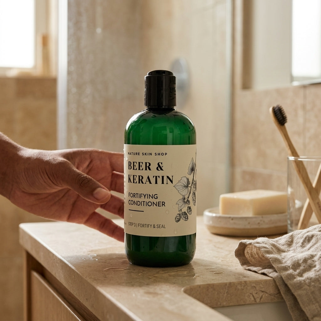 Bottle of Beer & Keratin conditioner on a bathroom counter
