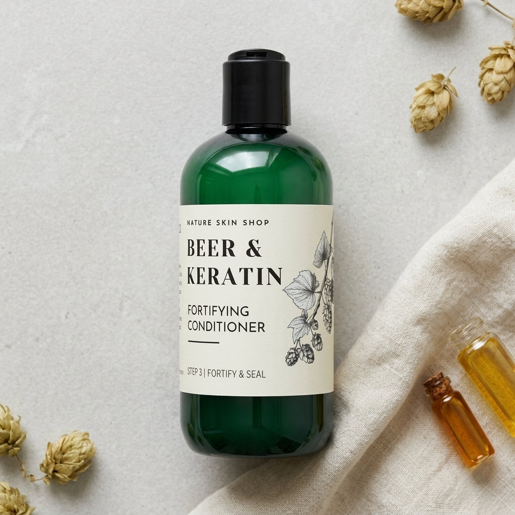 Green bottle of 'Beer & Keratin' conditioner on a light background with dried flowers and a towel.