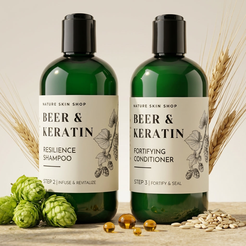 Two green bottles of 'Beer & Keratin' shampoo and conditioner with natural ingredients on a wooden surface.