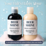 Two bottles of Beer Shine Keratin Shampoo and Conditioner on a blue background with bubbles.