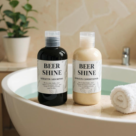 Two bottles of 'Beer Shine' shampoo and conditioner on a bathtub rim with a towel and plant in the background.