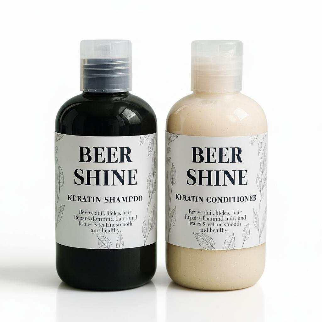 Two bottles of 'Beer Shine' shampoo and conditioner on a white background