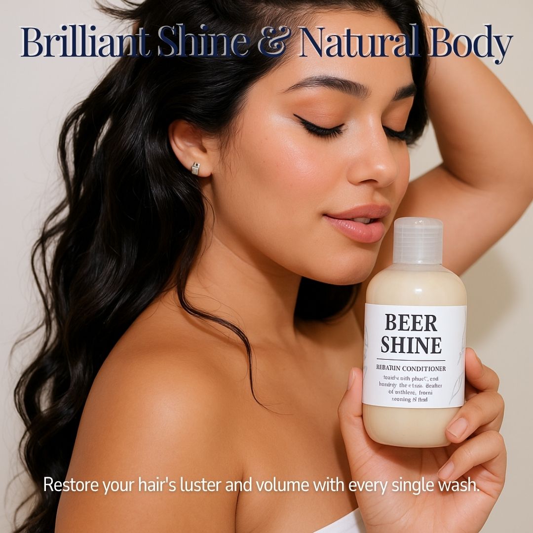 Woman holding a bottle of 'Beer Shine' hair conditioner with text about hair care benefits.