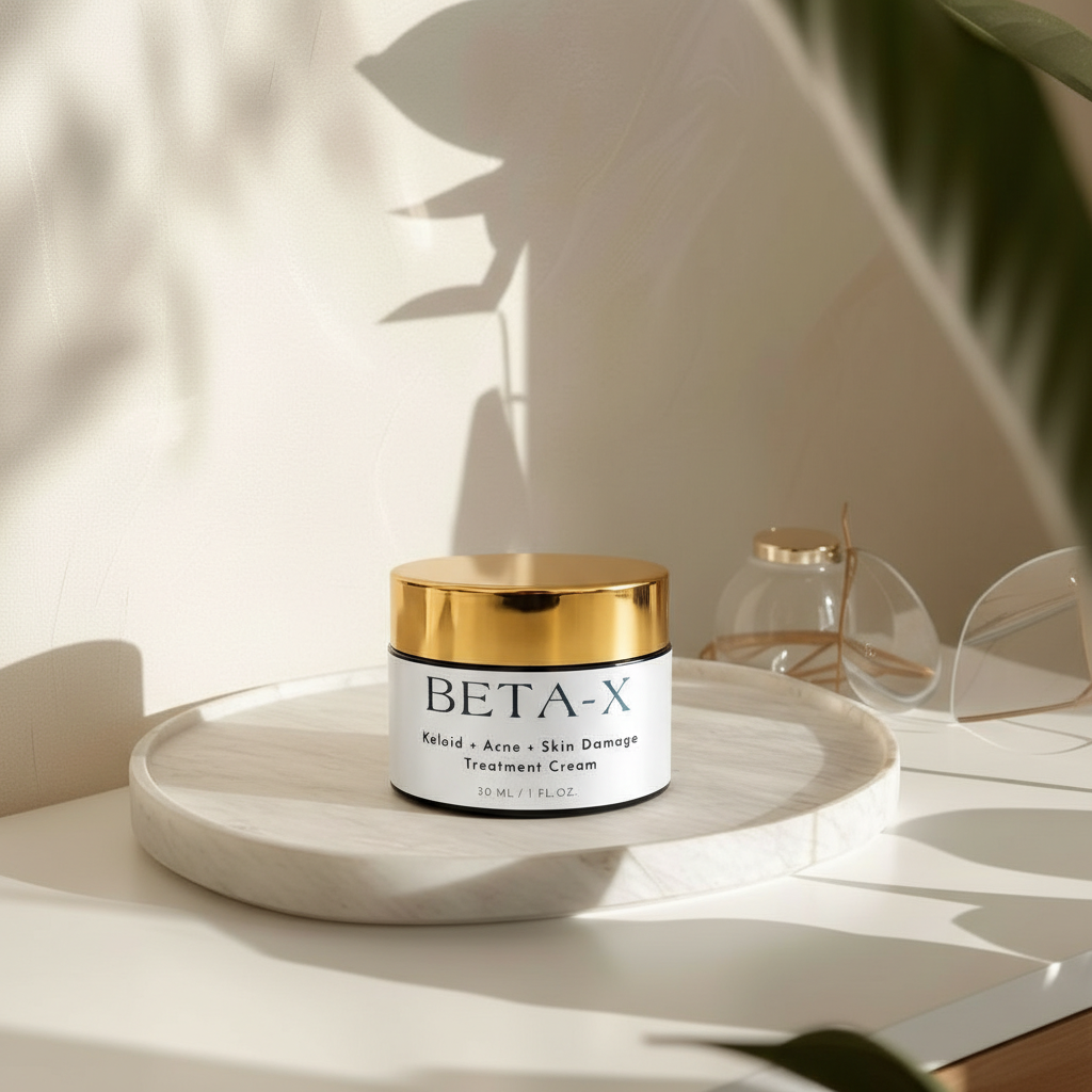 BETA-X skincare treatment cream jar on a white surface with a neutral background