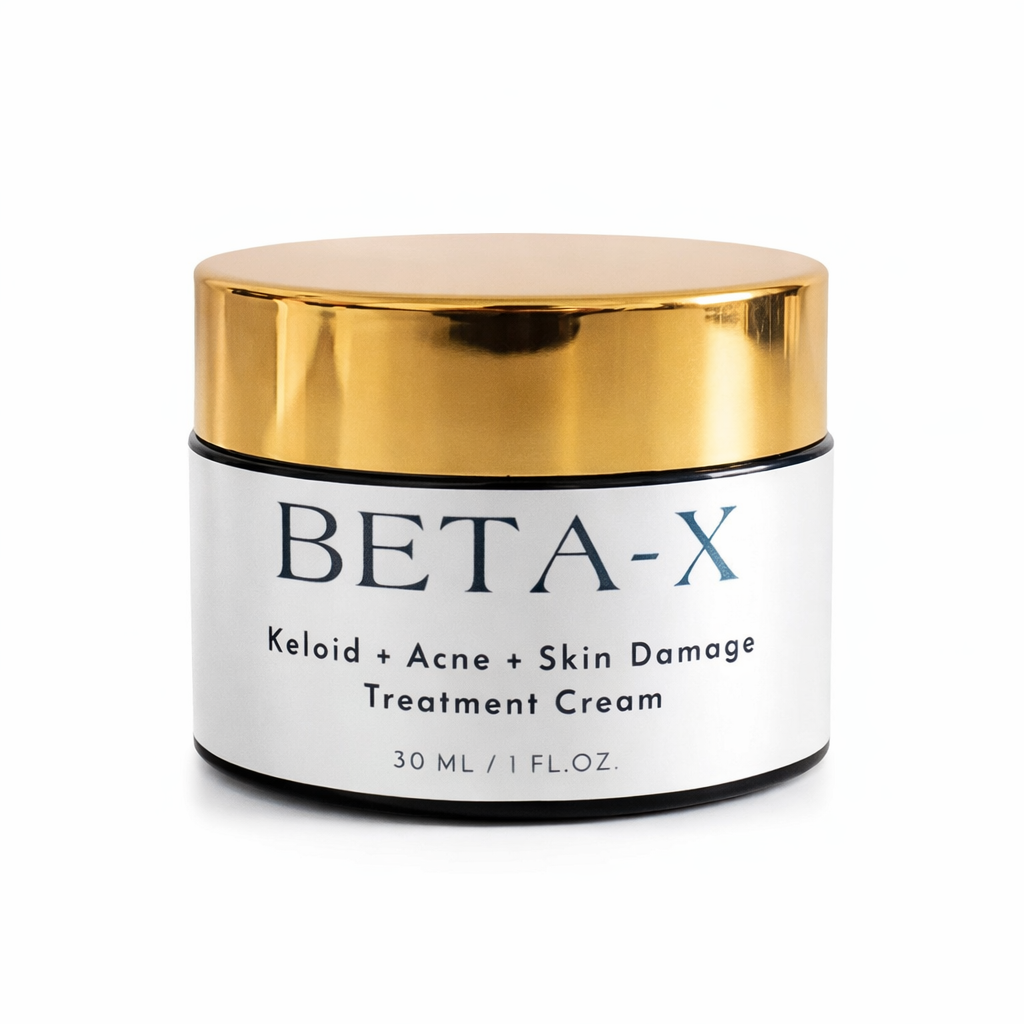 BETA-X treatment cream jar with gold lid on a white background
