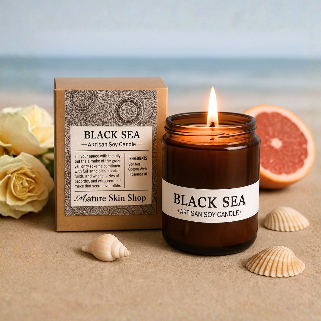 Black Sea artisan soy candle with packaging, flowers, and seashells on a sandy background