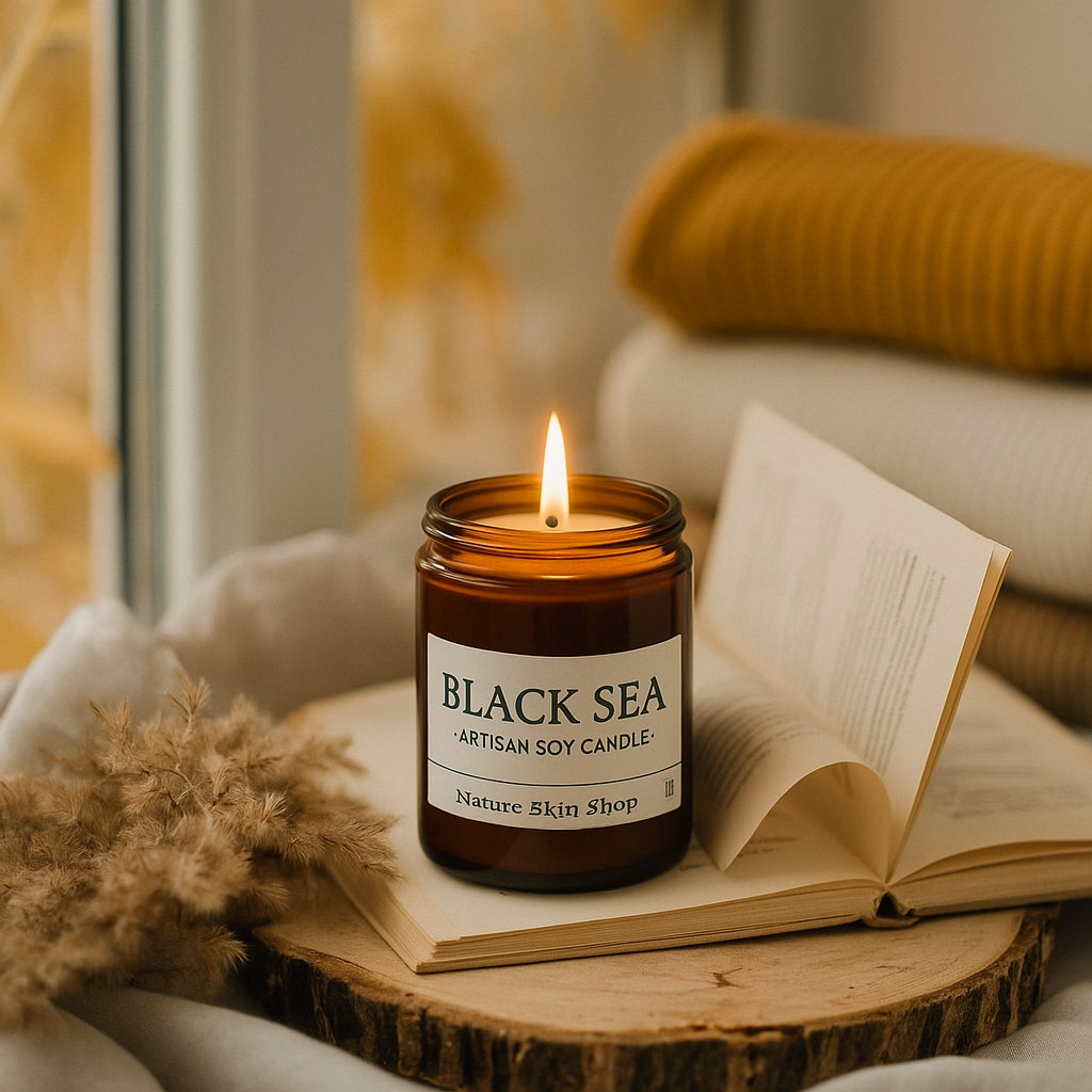 Candle labeled 'Black Sea' on an open book with a blurred indoor background