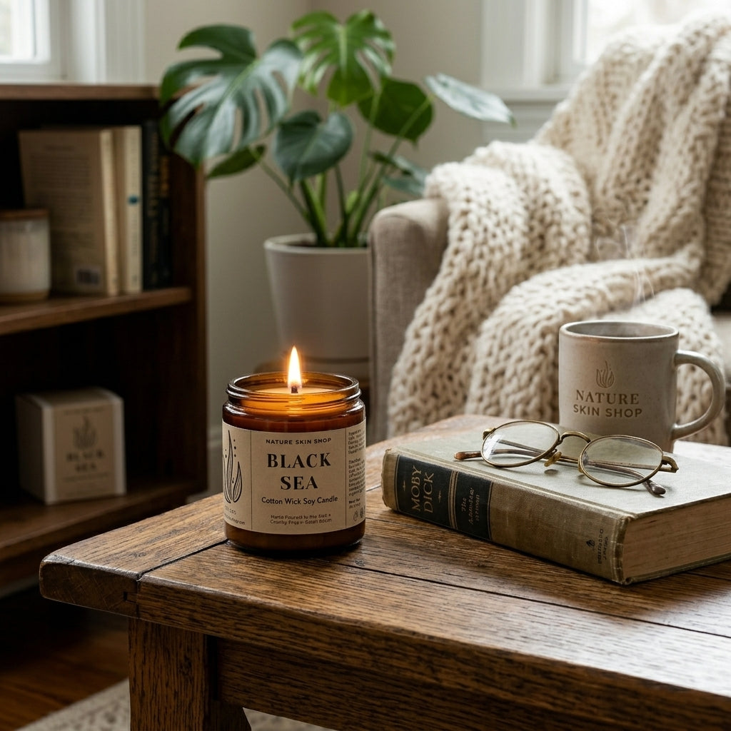 Candle labeled 'Black Sea' on a wooden table with a mug, book, and glasses in a cozy room.