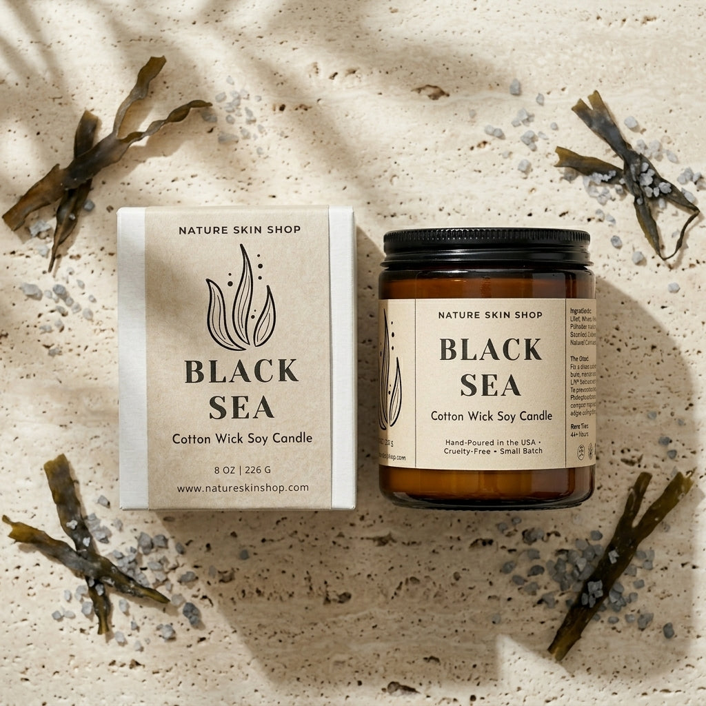 Nature Skin Shop 'Black Sea' candle and packaging on a textured surface with seaweed.