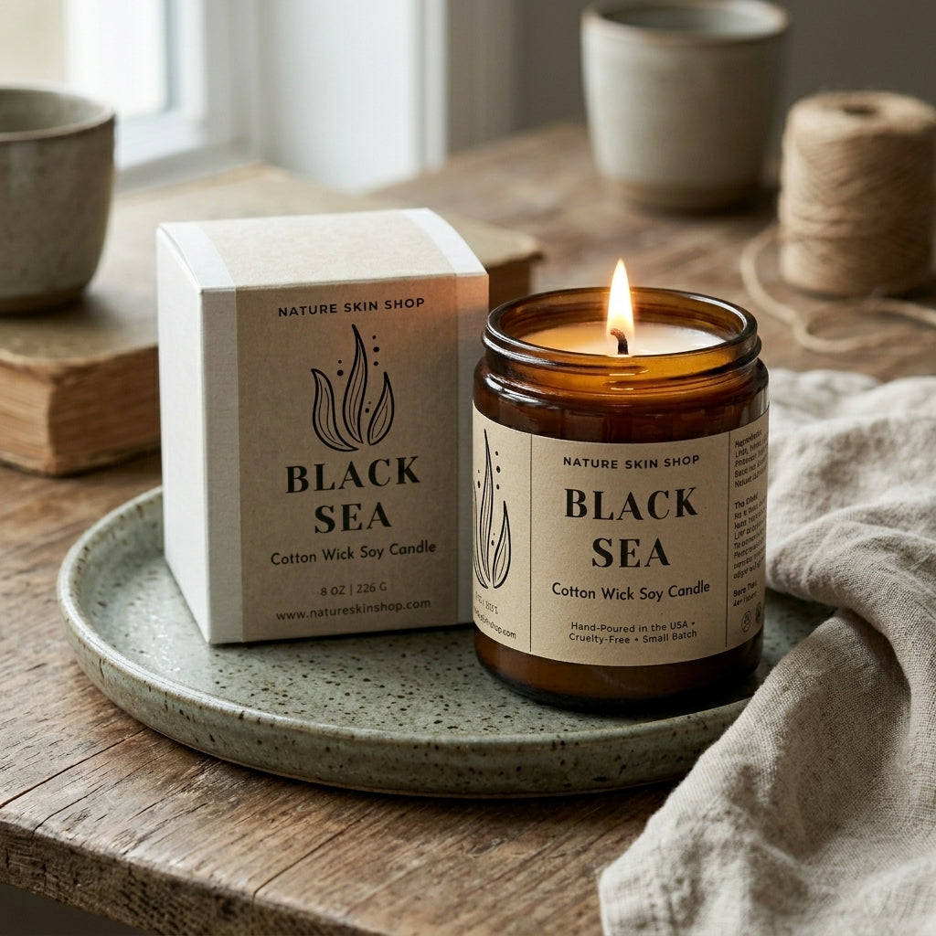 Black Sea candle from Nature Skin Shop on a wooden table with packaging.