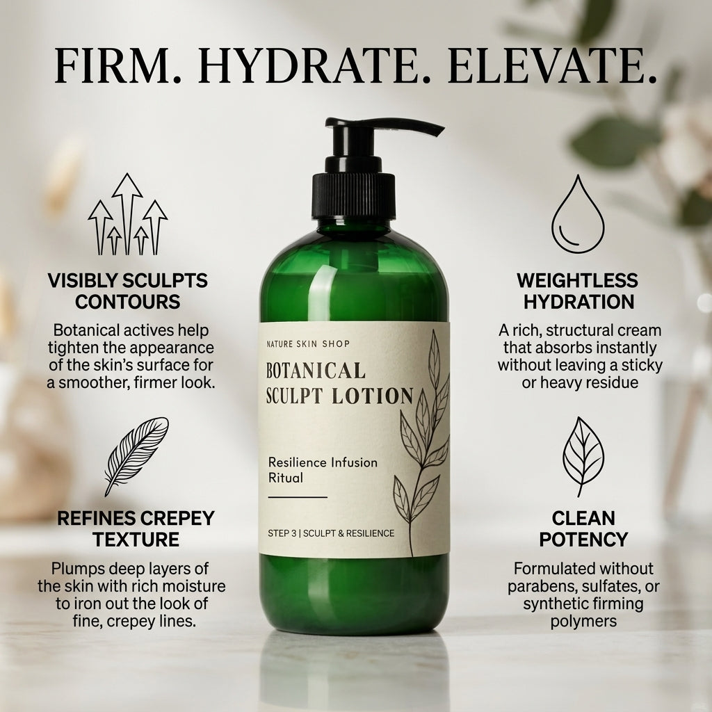 A green pump bottle of Nature's Skin Shop Botanical Sculpt Lotion centered on a light gray background, surrounded by marketing text and icons describing benefits like visibly sculpting contours, weightless hydration, refined crepey texture, and clean potency.