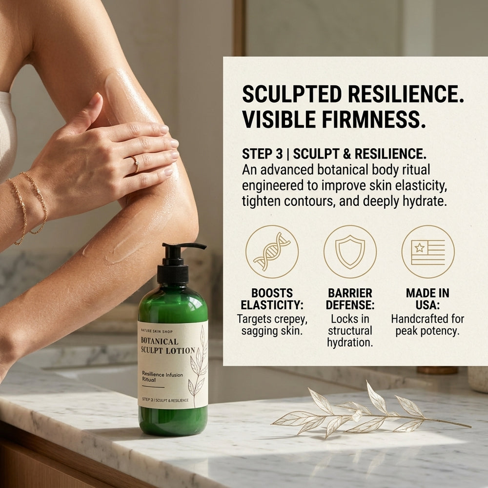 A bottle of botanical sleep lotion sits on a marble countertop beside a person applying lotion to their arm. A large text panel on the right reads 'SCULPTED RESILIENCE.