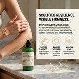 A bottle of botanical sleep lotion sits on a marble countertop beside a person applying lotion to their arm. A large text panel on the right reads 'SCULPTED RESILIENCE.