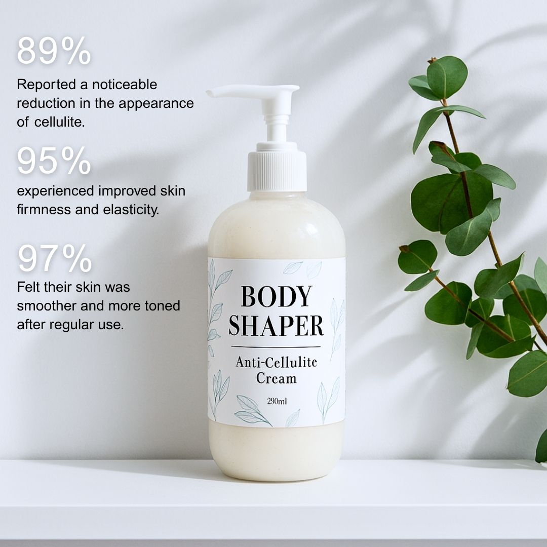 Body Shaper Anti-Cellulite Cream bottle with green leaves on a light background