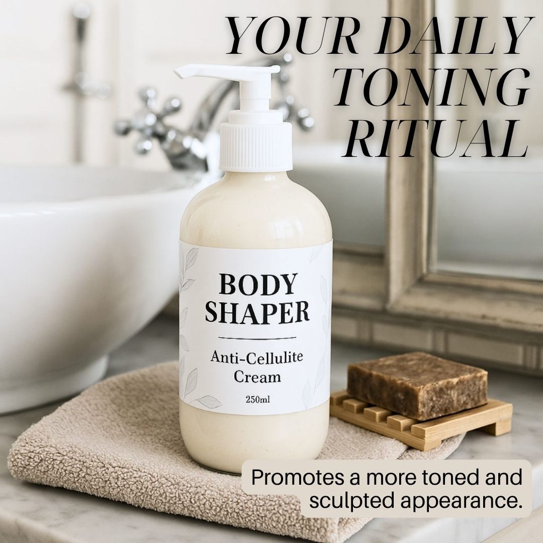 Body Shaper anti-cellulite cream bottle on a bathroom counter with text overlay.