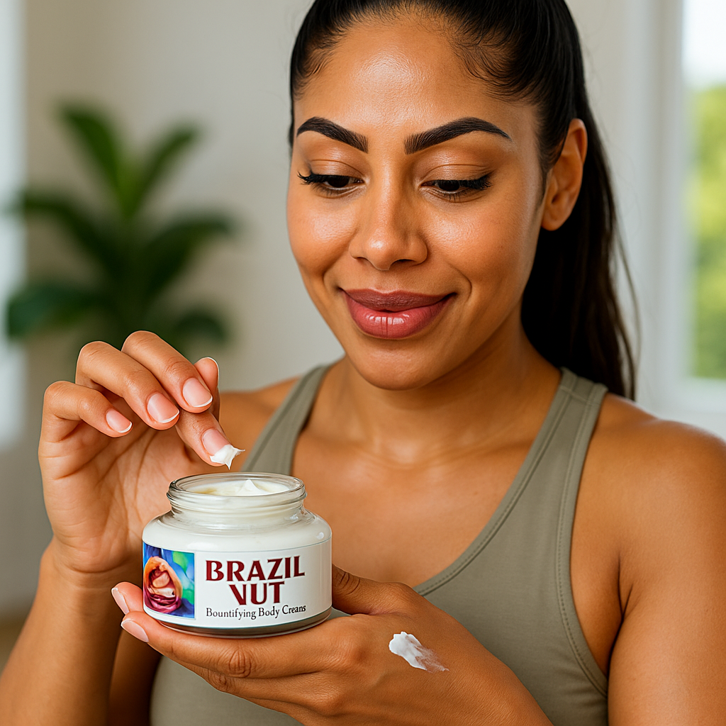 Woman applying Brazil Nut body cream to her hand