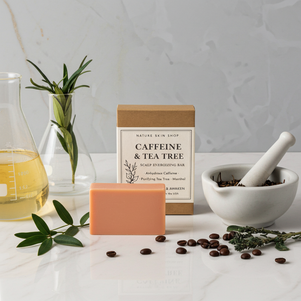 Caffeine and Tea Tree soap bar with packaging, mortar and pestle, and botanical elements on a light surface.