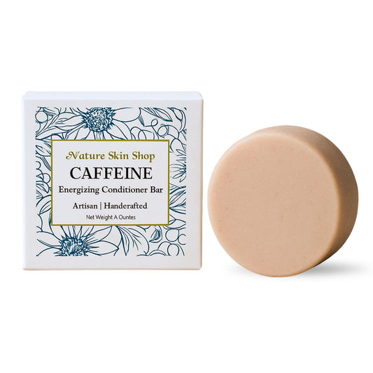 Caffeine conditioner bar with packaging from Nature Skin Shop on a white background