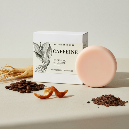 Caffeine soap bar with packaging and coffee beans on a neutral background