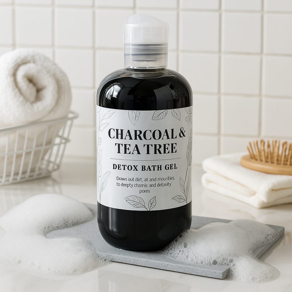 Bottle of Charcoal & Tea Tree Detox Bath Gel on a bathroom counter with towels and a brush in the background.