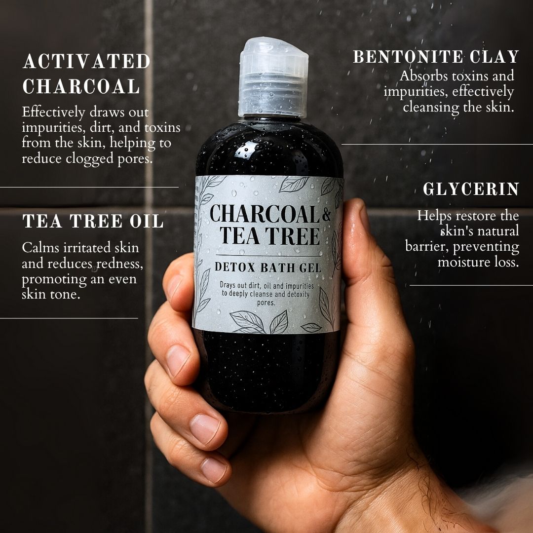 Bottle of Charcoal & Tea Tree Detox Bath Gel held in a hand with product benefits text on a dark background.