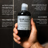 Bottle of Charcoal & Tea Tree Detox Bath Gel held in a hand with product benefits text on a dark background.