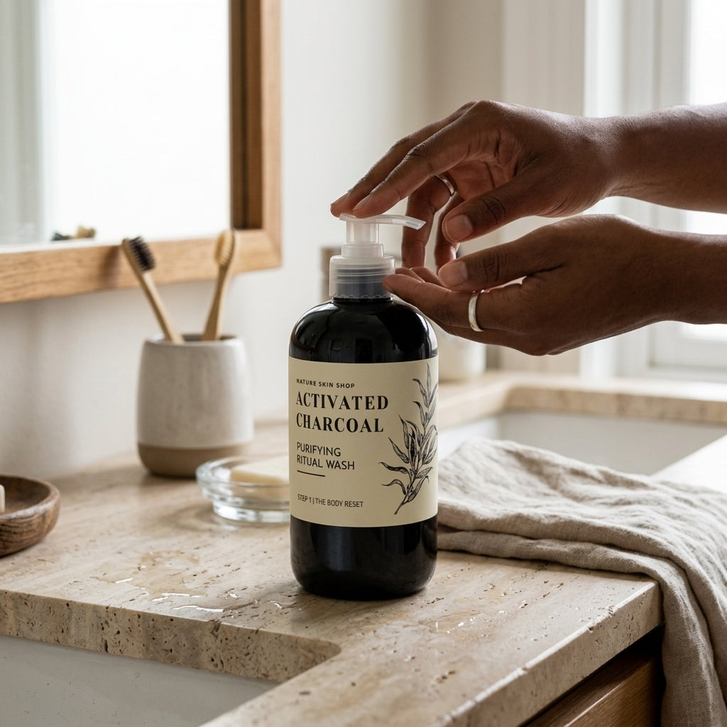 Person holding a bottle of activated charcoal wash on a bathroom counter.