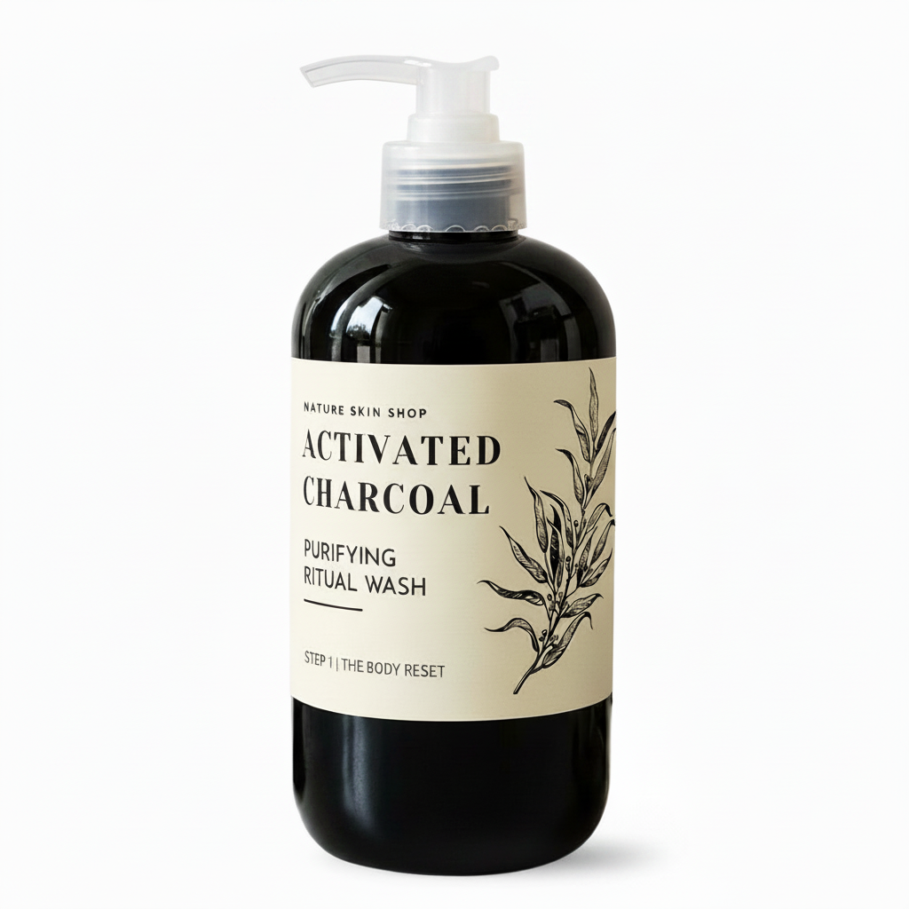 Black bottle of Activated Charcoal Purifying Ritual Wash with a beige label on a white background