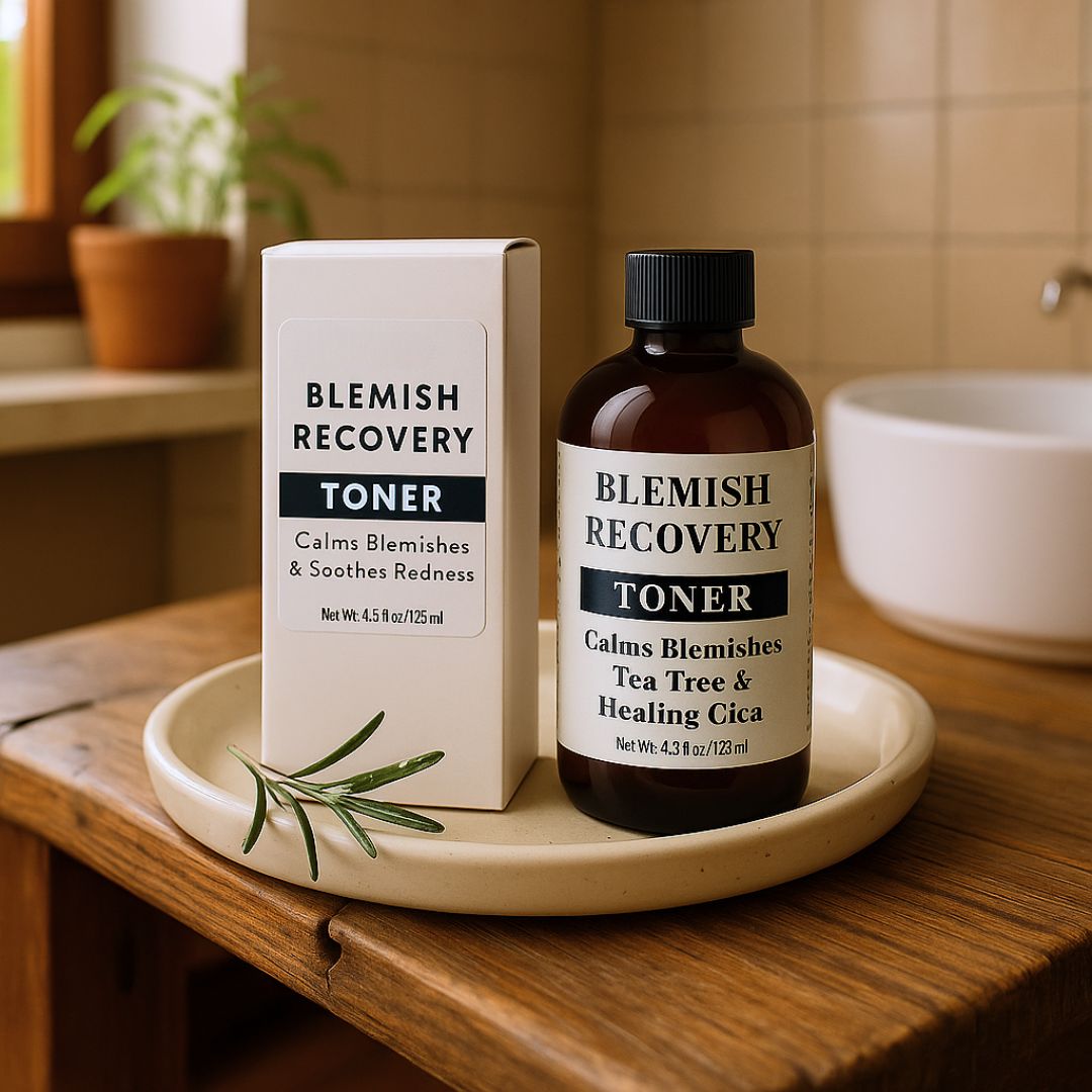 Blemish Recovery Toner bottle and box on a wooden tray with a plant in the background.