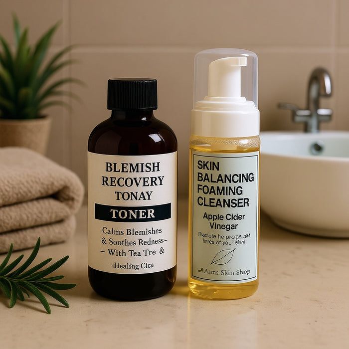 Two skincare products on a bathroom counter with a sink and plant in the background.