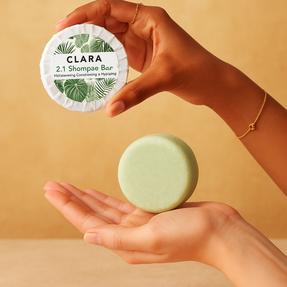 Hand holding a green shampoo bar with 'Clara' packaging against a beige background