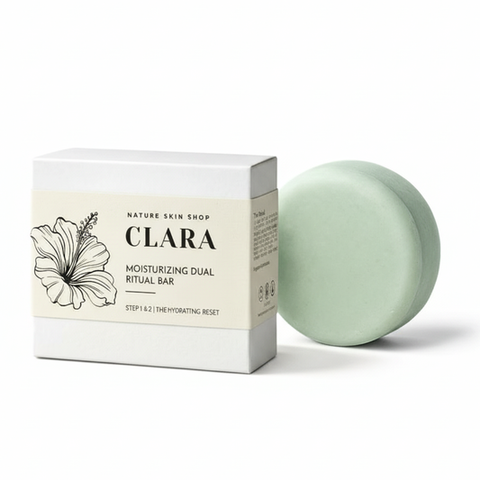 Clara moisturizing dual ritual bar and packaging on a white background