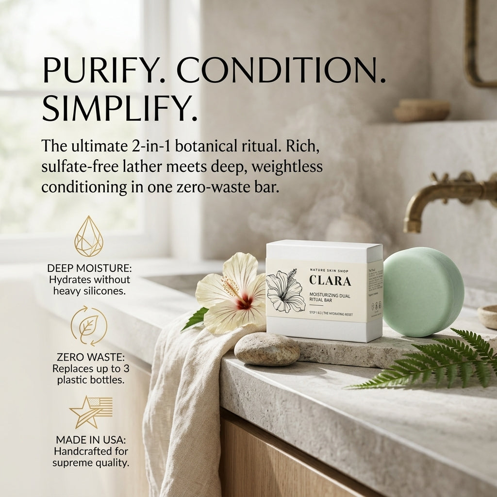 A bar of CLARA moisturizing dual phase gel soap is displayed on a marble countertop next to its white packaging box, with a sage green bar of soap and botanical props in a beautifully lit bathroom setting.