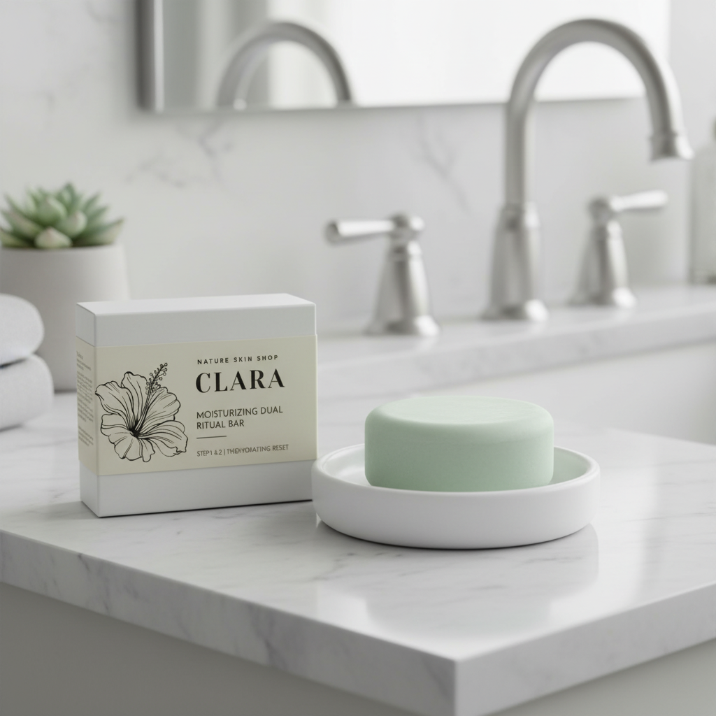 Green soap bar on a white dish with 'Clara' packaging in a bathroom setting.